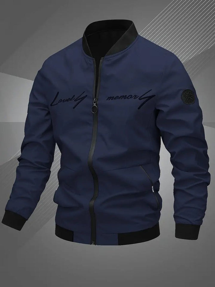 Men's Zip-Up Polyester Bomber Jacket Baseball Collar - Navy Blue