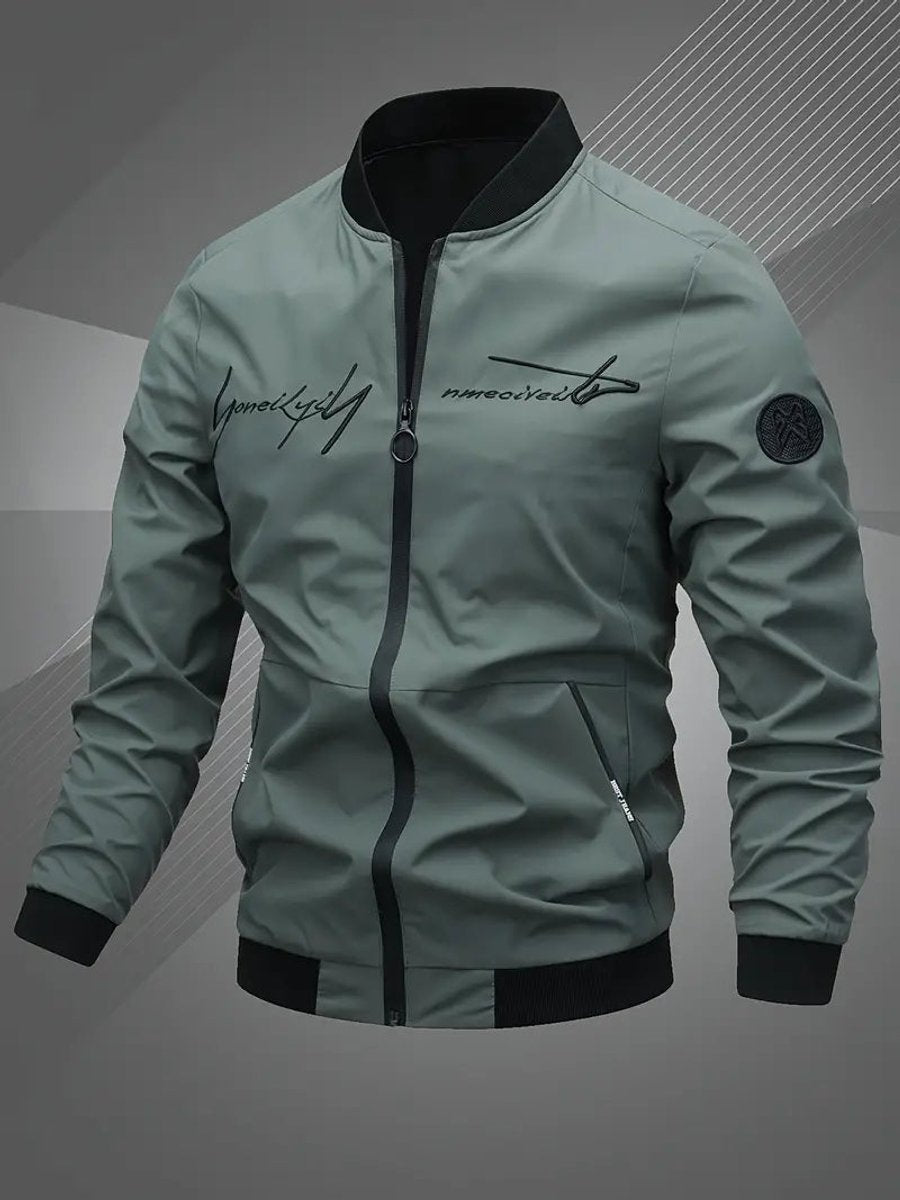Men's Zip-Up Polyester Bomber Jacket Baseball Collar - Army Green