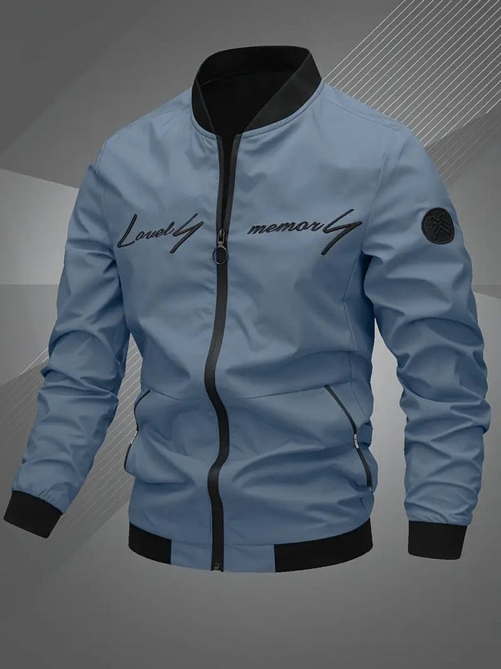 Men's Zip-Up Polyester Bomber Jacket Baseball Collar - Fog Blue