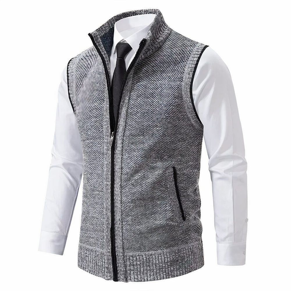 Men's Zip-Up Sleeveless Knit Sweater Vest Stand Collar - Light Gray