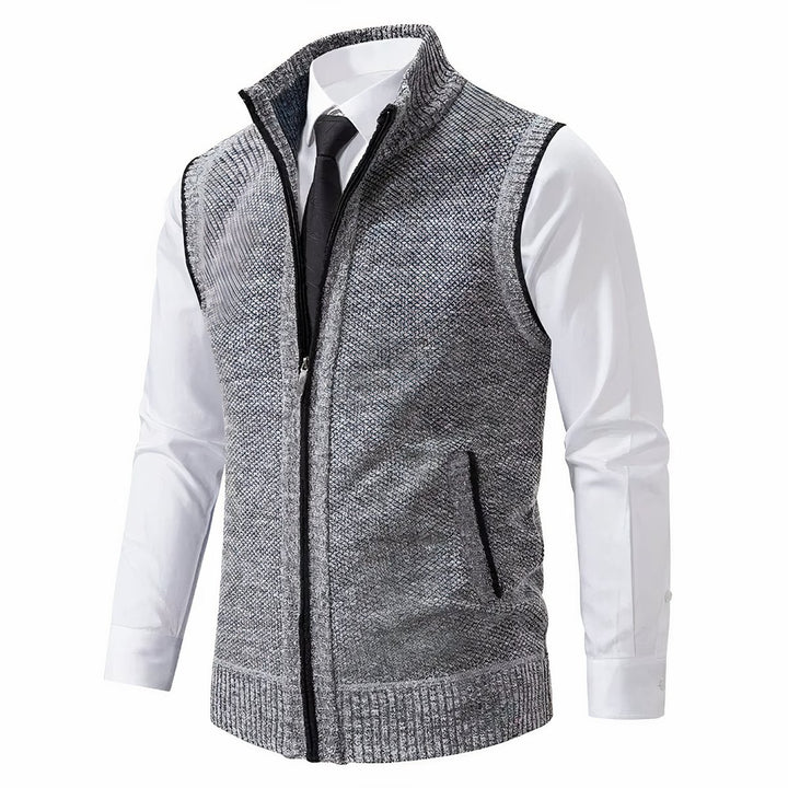 Men's Zip-Up Sleeveless Knit Sweater Vest Stand Collar - Light Gray