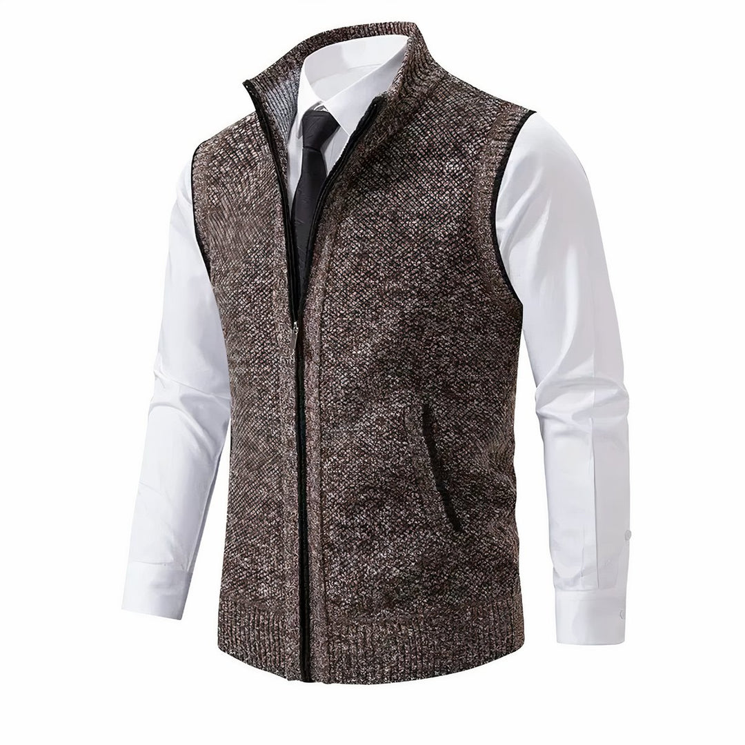 Men's Zip-Up Sleeveless Knit Sweater Vest Stand Collar - Brown
