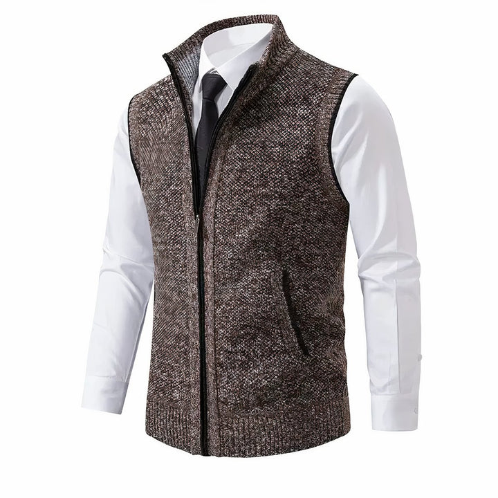 Men's Zip-Up Sleeveless Knit Sweater Vest Stand Collar - Brown