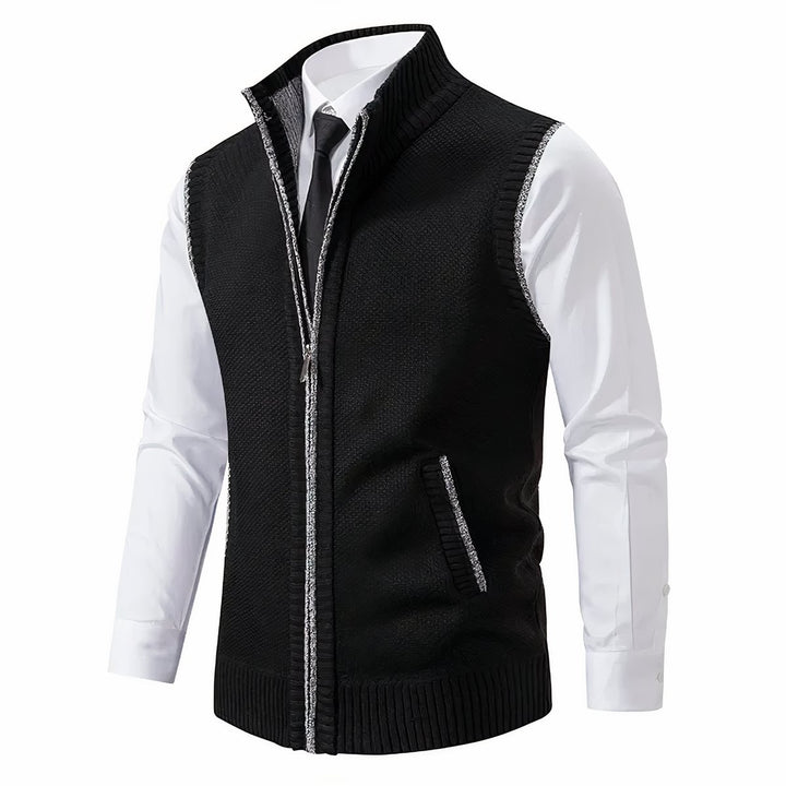 Men's Zip-Up Sleeveless Knit Sweater Vest Stand Collar - Black