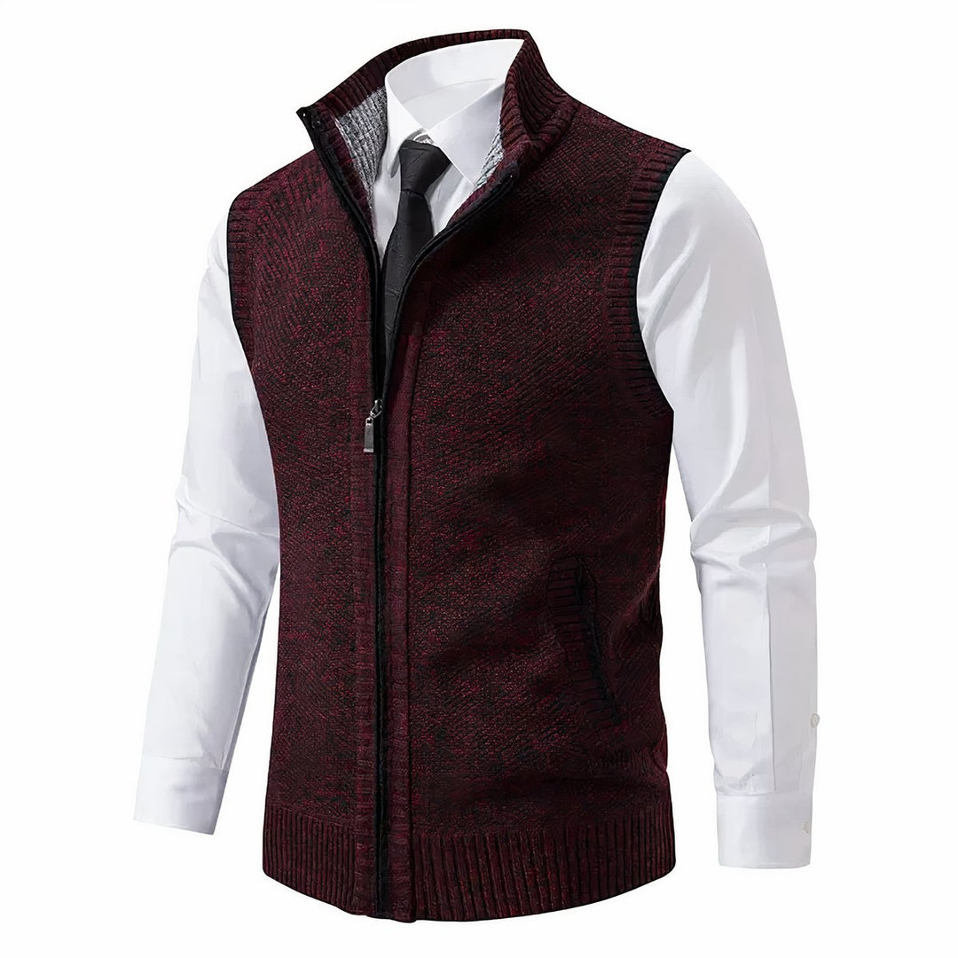 Men's Zip-Up Sleeveless Knit Sweater Vest Stand Collar - Red