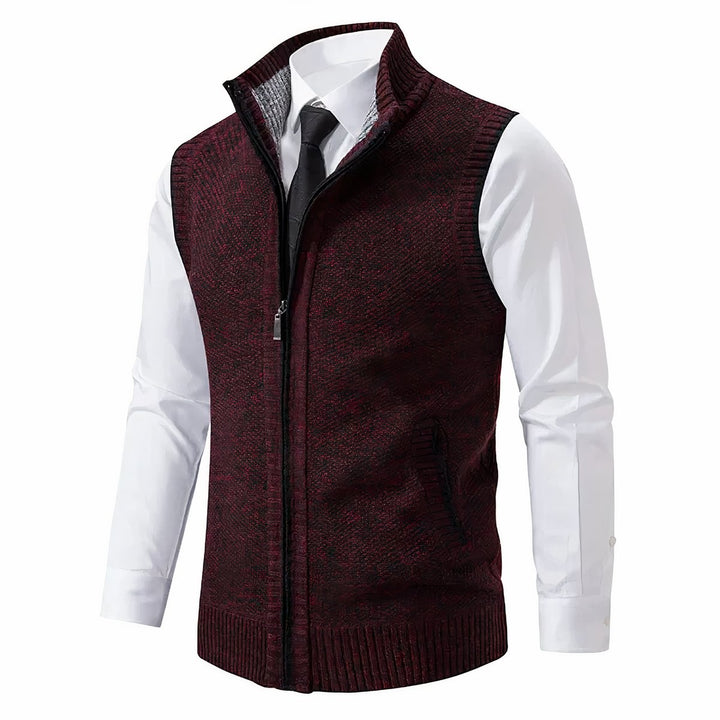 Men's Zip-Up Sleeveless Knit Sweater Vest Stand Collar - Red