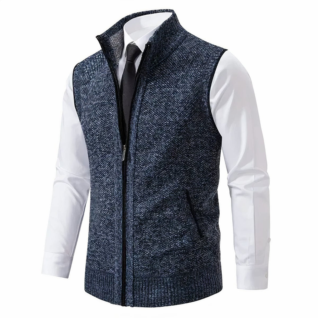 Men's Zip-Up Sleeveless Knit Sweater Vest Stand Collar - Blue