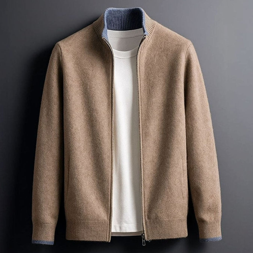 Men's Zip-Up Stand-Collar Knit Cardigan Coat - Dark Beige