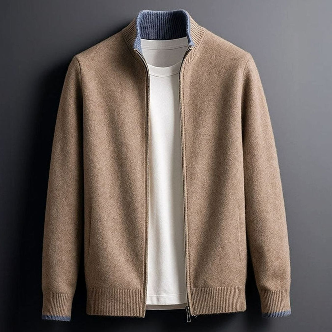 Men's Zip-Up Stand-Collar Knit Cardigan Coat - Dark Beige