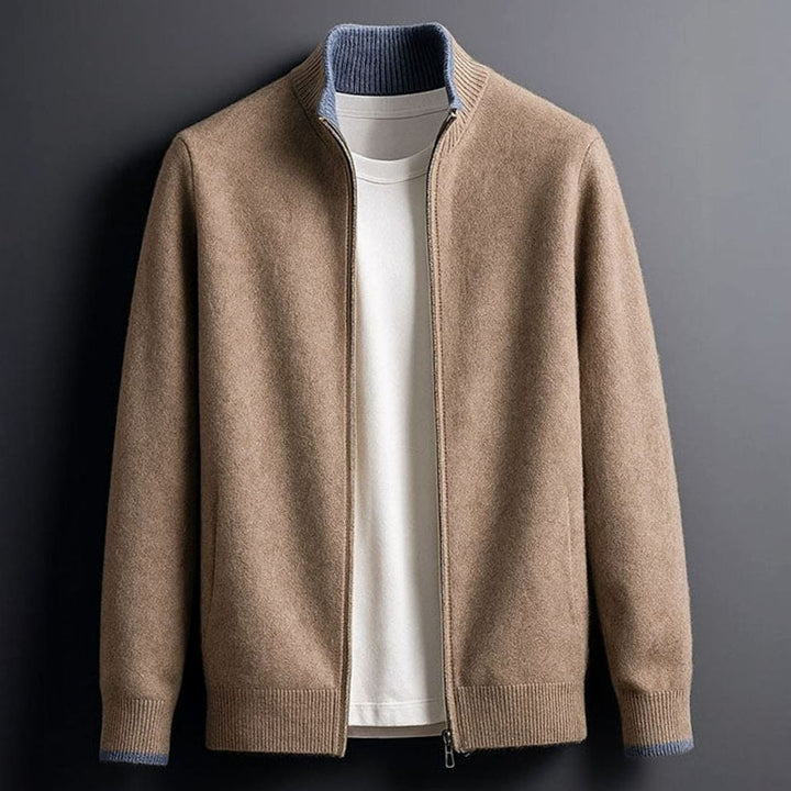 Men's Zip-Up Stand-Collar Knit Cardigan Coat - Dark Beige