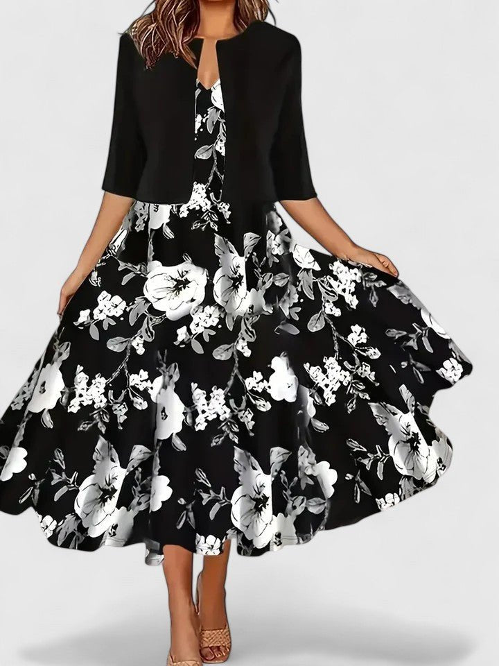 Midi Dress A-Line Floral 3/4 Sleeve Button Front Keyhole