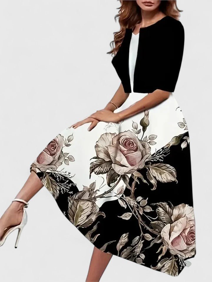 Midi Dress A-Line Floral 3/4 Sleeve Button Front Keyhole