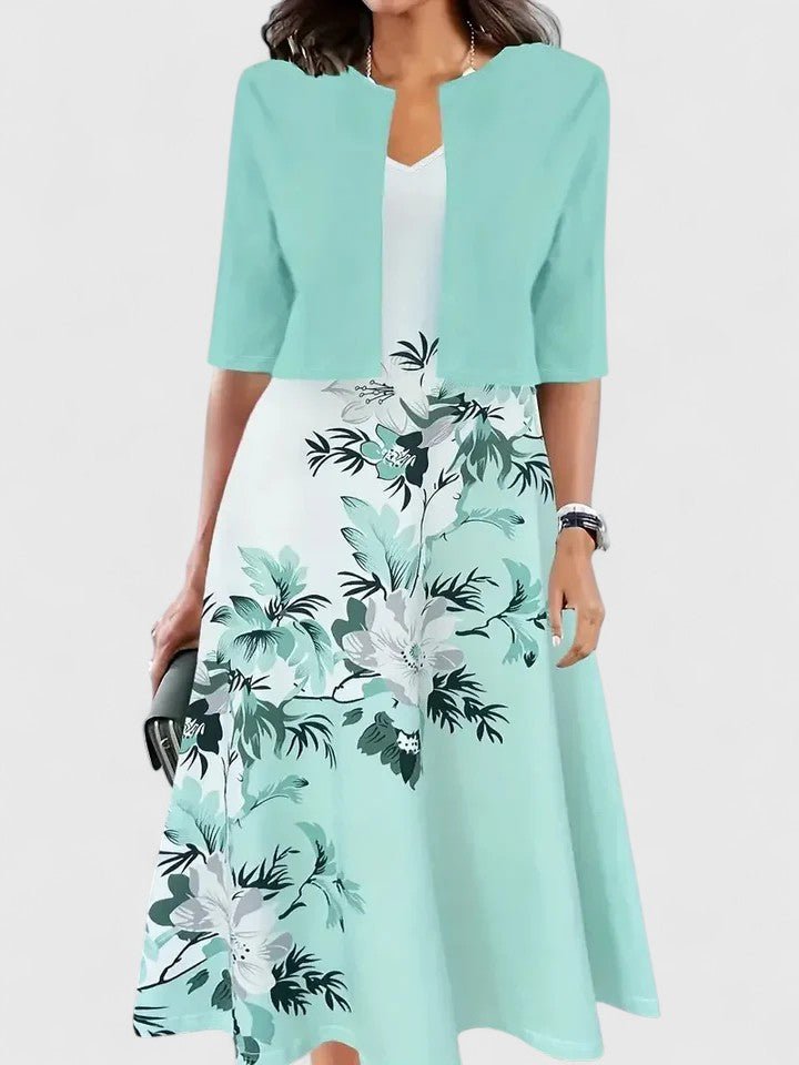 Midi Dress A-Line Floral 3/4 Sleeve Button Front Keyhole - Green