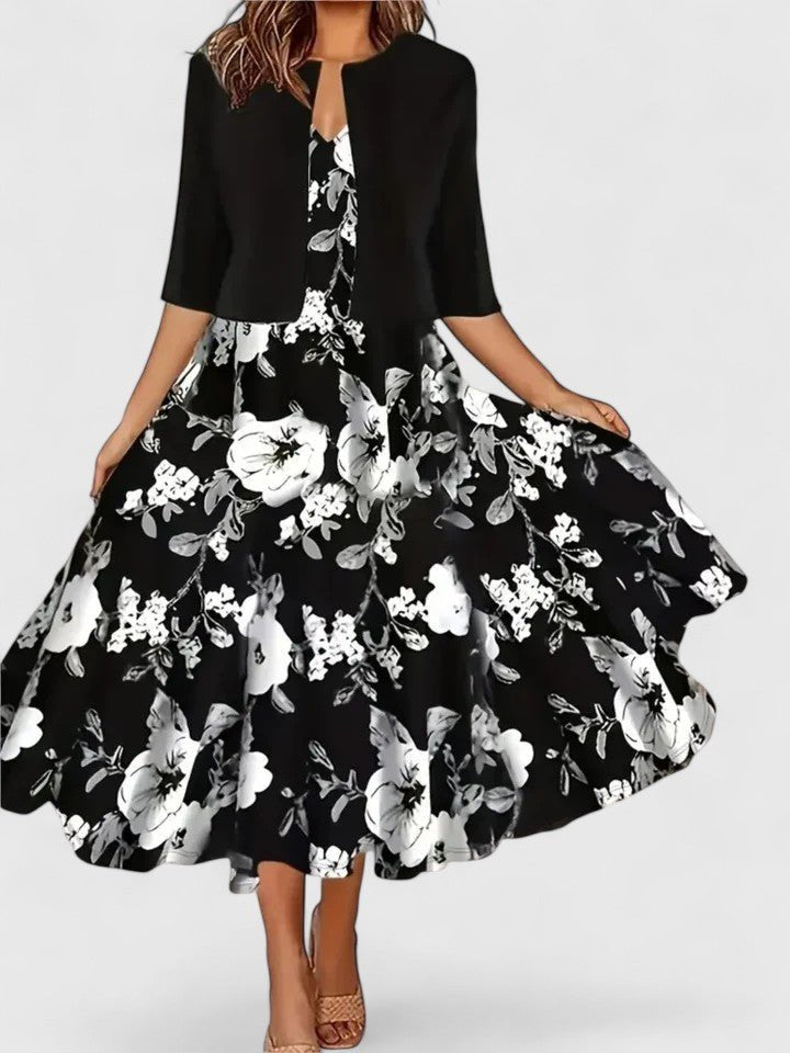 Midi Dress A-Line Floral 3/4 Sleeve Button Front Keyhole - Black