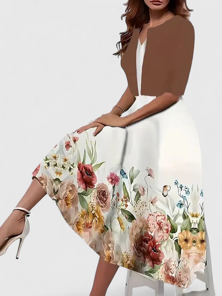 Midi Dress A-Line Floral 3/4 Sleeve Button Front Keyhole - Coffee