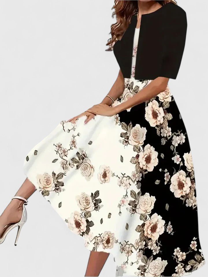 Midi Dress A-Line Floral 3/4 Sleeve Button Front Keyhole - Black-Floral