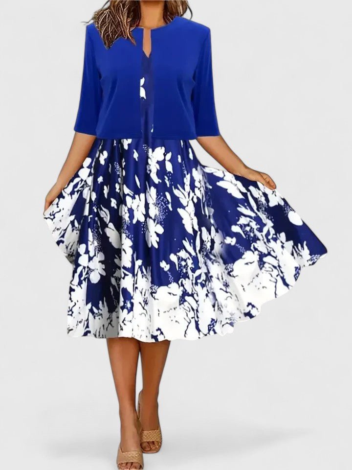 Midi Dress A-Line Floral 3/4 Sleeve Button Front Keyhole