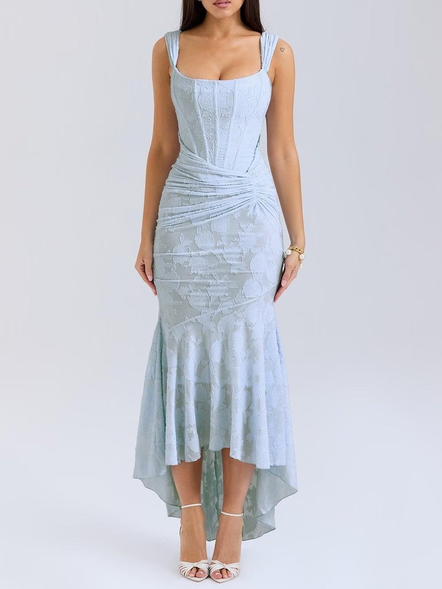 Mother of the Bride Dress Corset Bodice Jacquard Lace Mermaid Midi - Blue