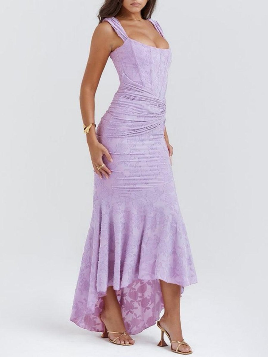 Mother of the Bride Dress Corset Bodice Jacquard Lace Mermaid Midi - Deep Purple