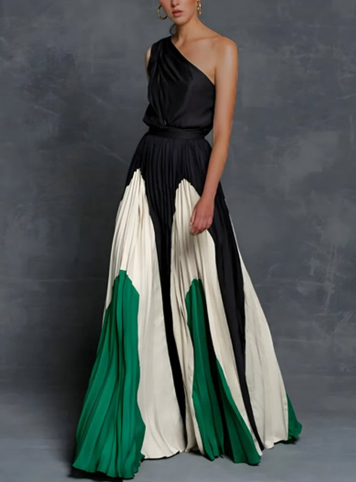 Mother of the Bride Dress One-Shoulder Color-Block Pleated Maxi Gown - Emerald Monochrome Elegance