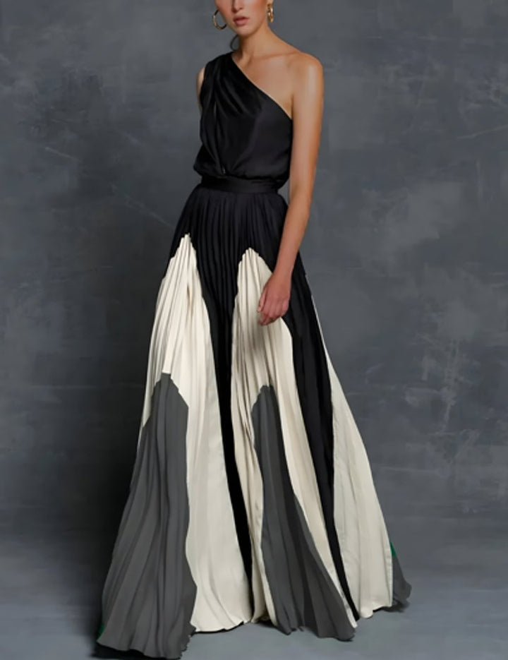 Mother of the Bride Dress One-Shoulder Color-Block Pleated Maxi Gown - Monochrome Wave Elegance