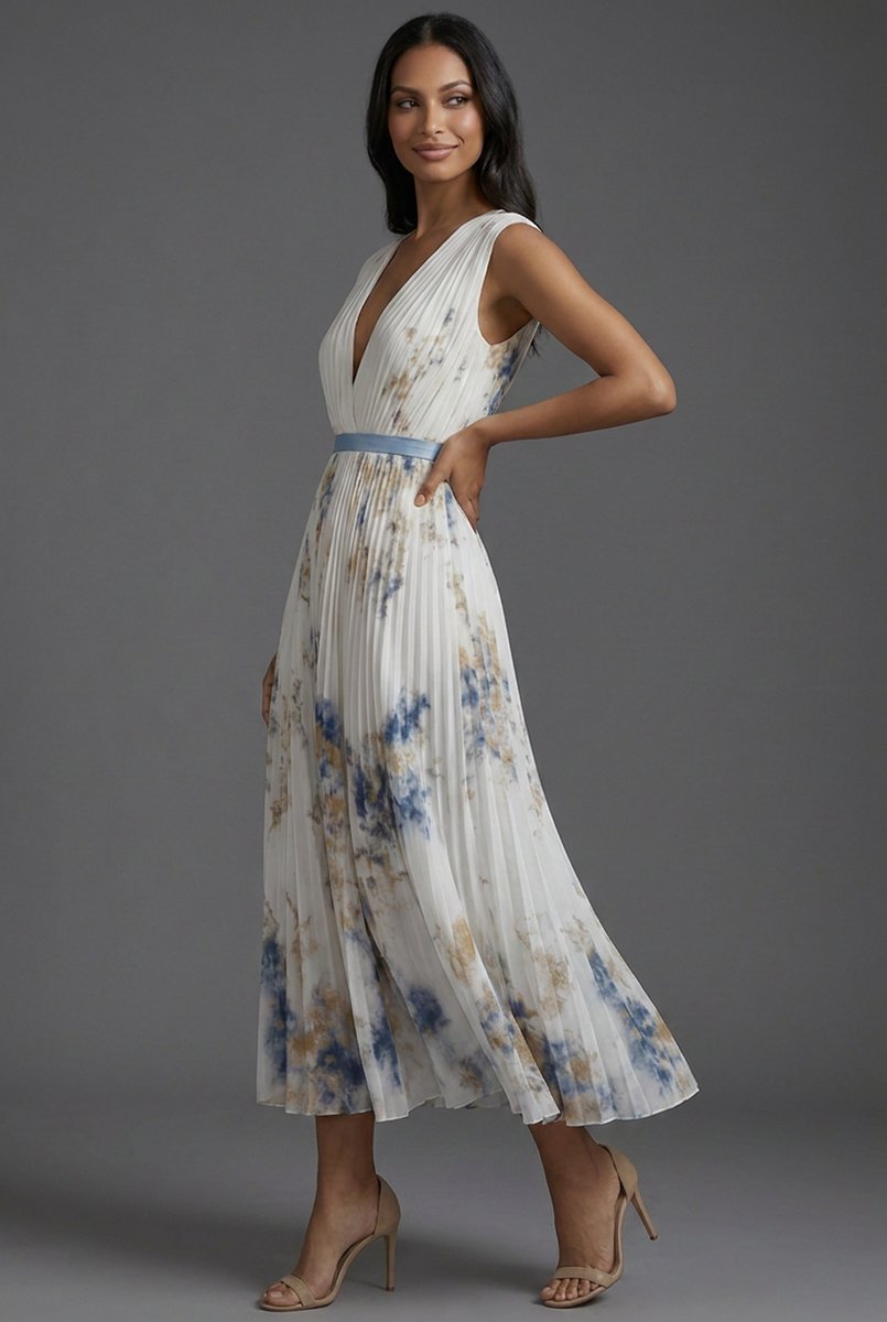 Mother of the Bride Dress Pleated Floral V-Neck Midi