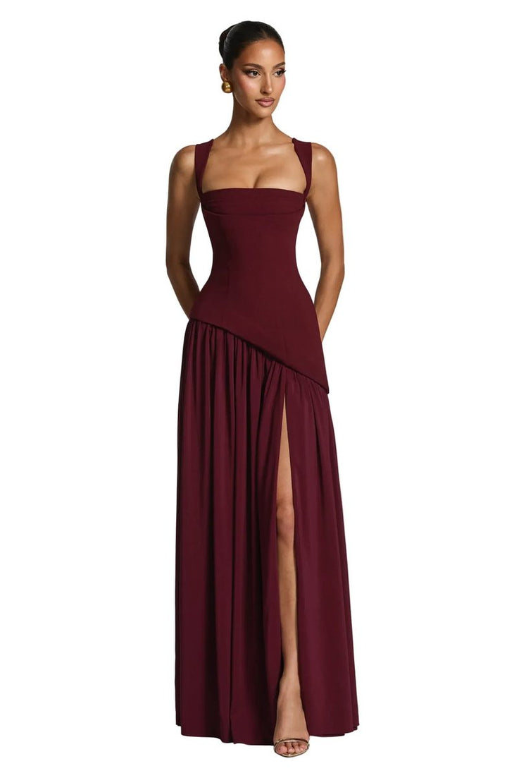 Mother of the Bride Dress Sleeveless Square Neck Fitted Waist A-Line Maxi Gown - Burgundy