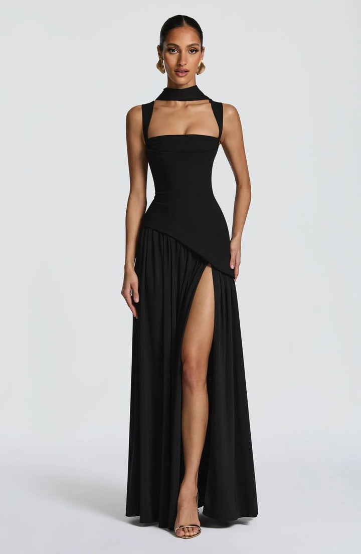 Mother of the Bride Dress Sleeveless Square Neck Fitted Waist A-Line Maxi Gown - Black