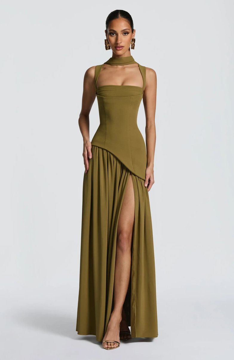 Mother of the Bride Dress Sleeveless Square Neck Fitted Waist A-Line Maxi Gown - Green