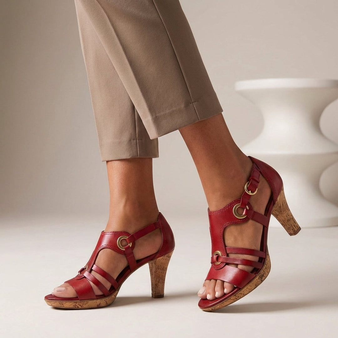 Orthopedic Cork Heel Sandals T-Strap Ankle Buckle - Scarlet Red