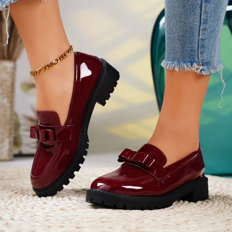Orthopedic Loafers Patent Leather Slip-On Bow Detail - Burgundy