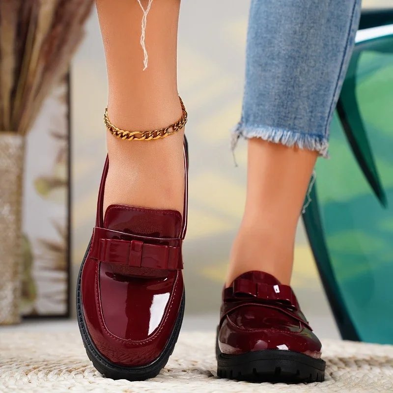 Orthopedic Loafers Patent Leather Slip-On Bow Detail