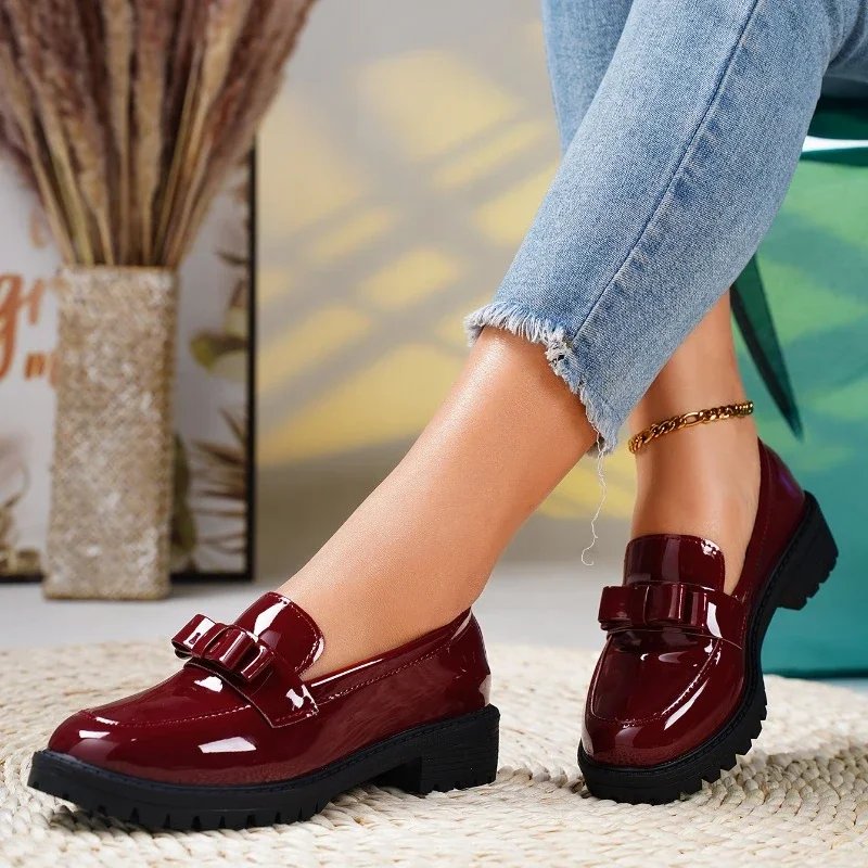 Orthopedic Loafers Patent Leather Slip-On Bow Detail