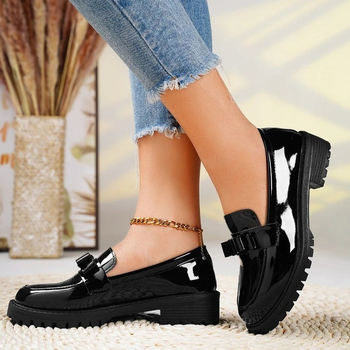 Orthopedic Loafers Patent Leather Slip-On Bow Detail - Black