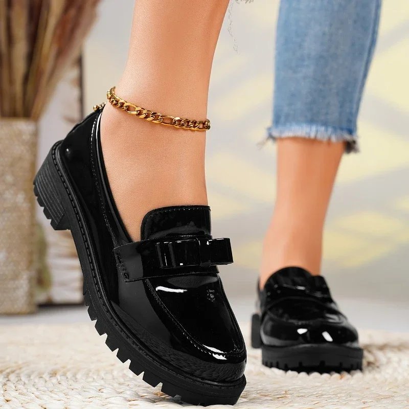 Orthopedic Loafers Patent Leather Slip-On Bow Detail