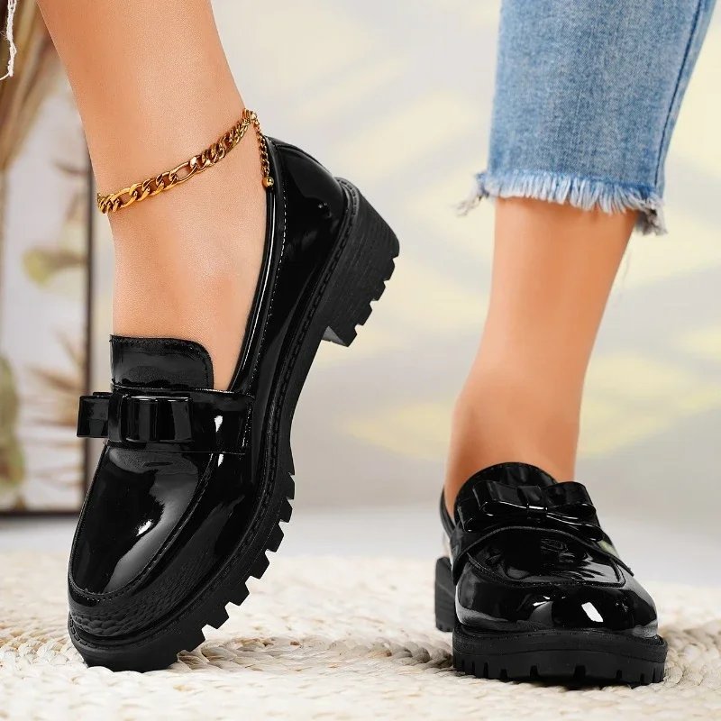 Orthopedic Loafers Patent Leather Slip-On Bow Detail