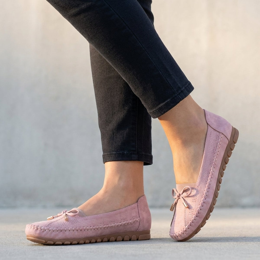 Orthopedic Loafers Women Perforated Bow Slip-On Comfort - Pink