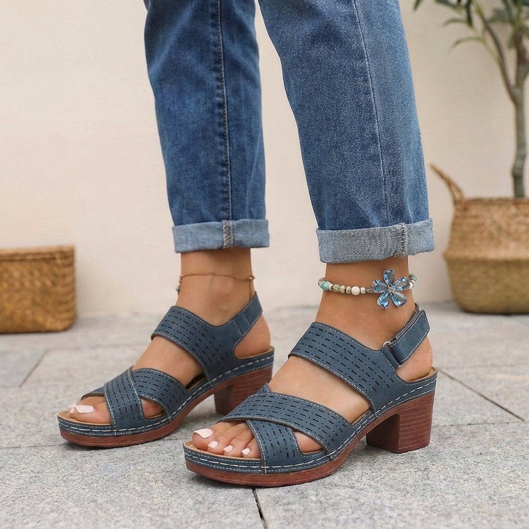 Orthopedic Platform Block Heel Sandals Open Toe Cut Out - Blue
