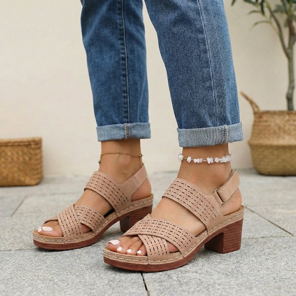 Orthopedic Platform Block Heel Sandals Open Toe Cut Out - Brown