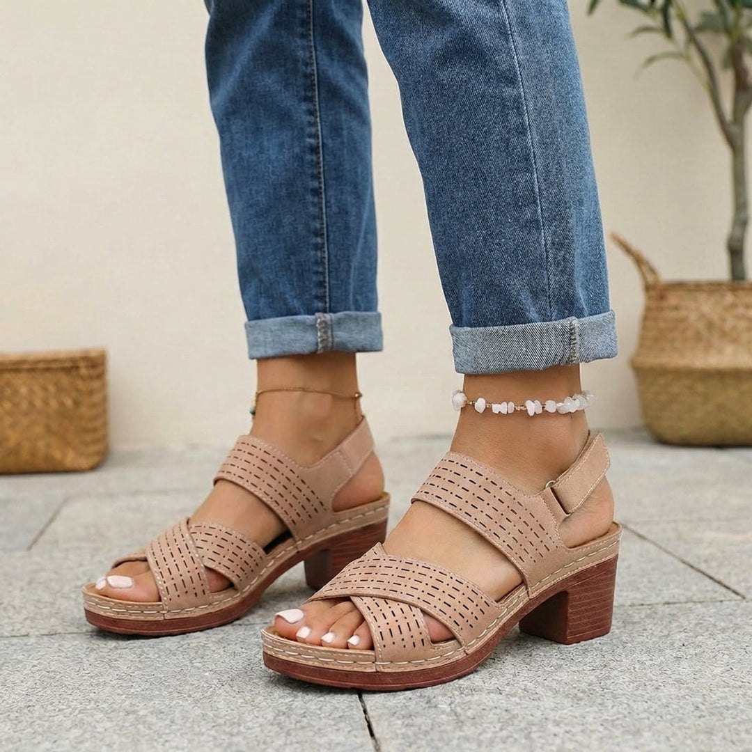 Orthopedic Platform Block Heel Sandals Open Toe Cut Out - Brown