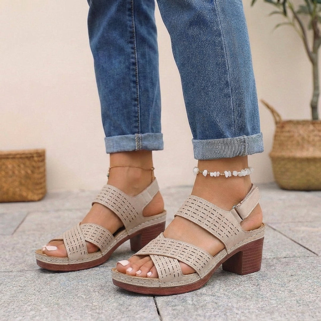 Orthopedic Platform Block Heel Sandals Open Toe Cut Out - Khaki