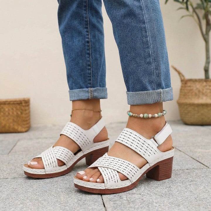 Orthopedic Platform Block Heel Sandals Open Toe Cut Out - White