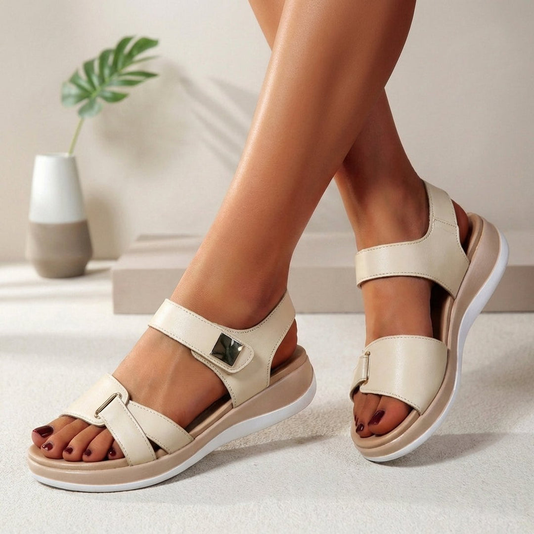 Orthopedic Platform Sandals Open Toe Adjustable Velcro - Beige
