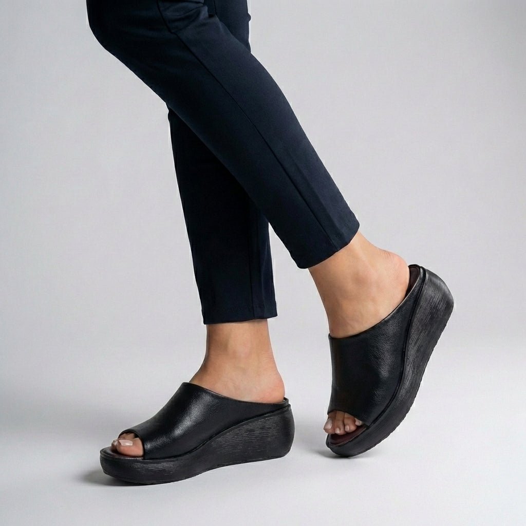 Orthopedic Platform Slide Sandals Slip-On Open-Toe - Black