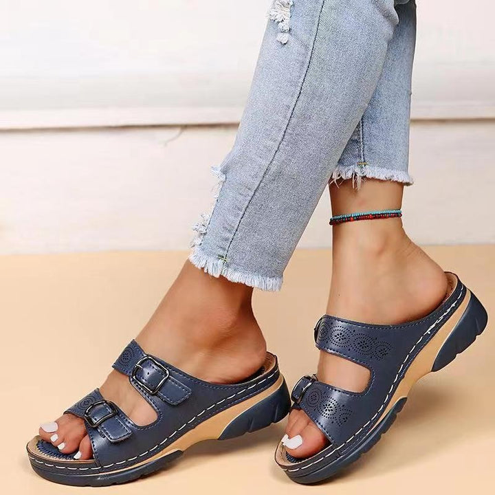 Orthopedic Slide Sandals Comfort Fit Perforated Buckle - Dark Blue