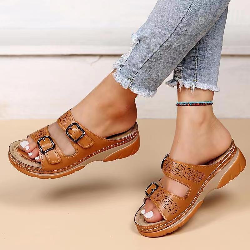 Orthopedic Slide Sandals Comfort Fit Perforated Buckle - Brown