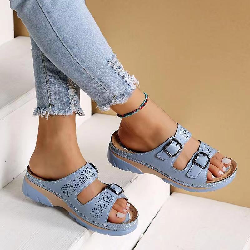 Orthopedic Slide Sandals Comfort Fit Perforated Buckle - Light blue