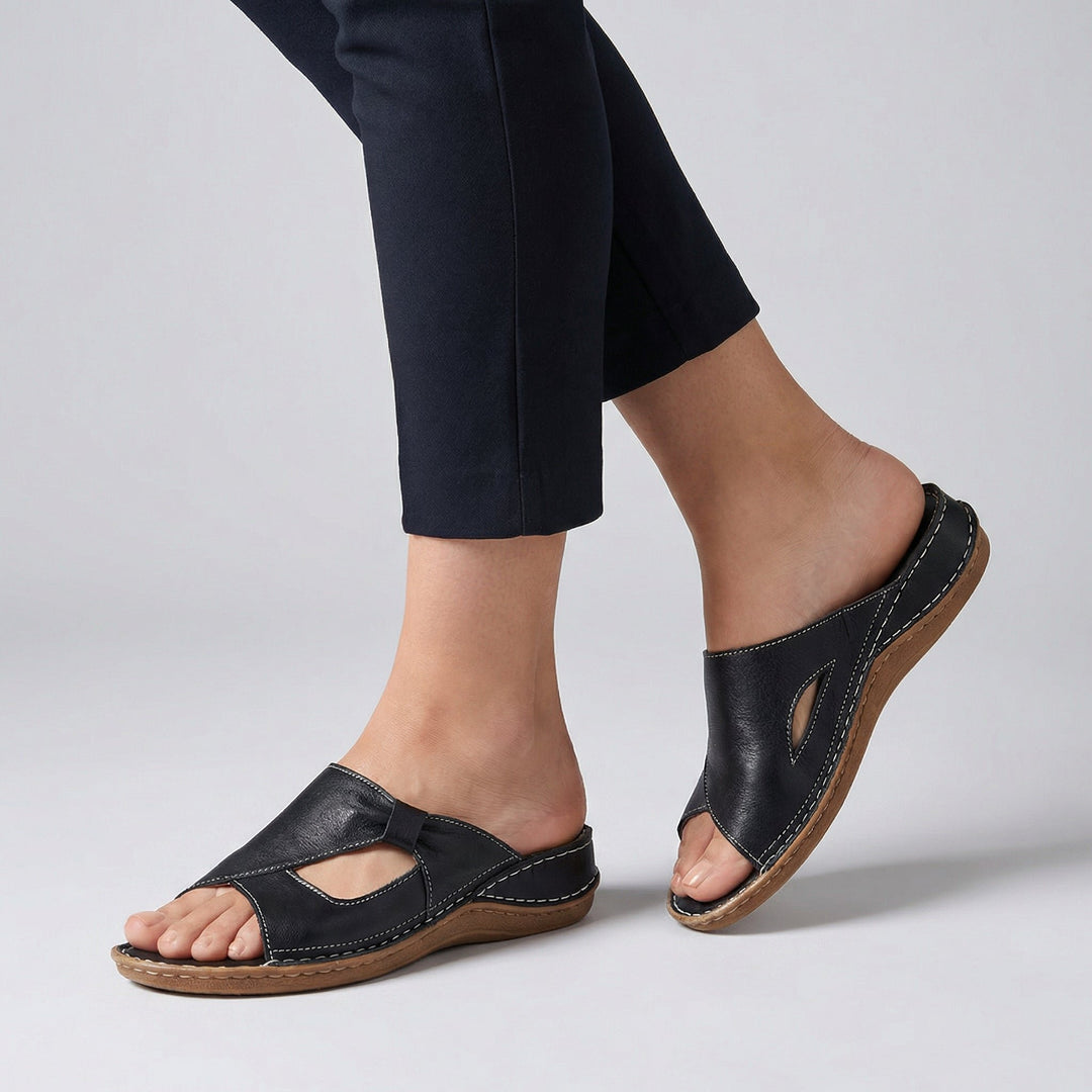 Orthopedic Slide Sandals Open-Toe Leather Comfort - Black