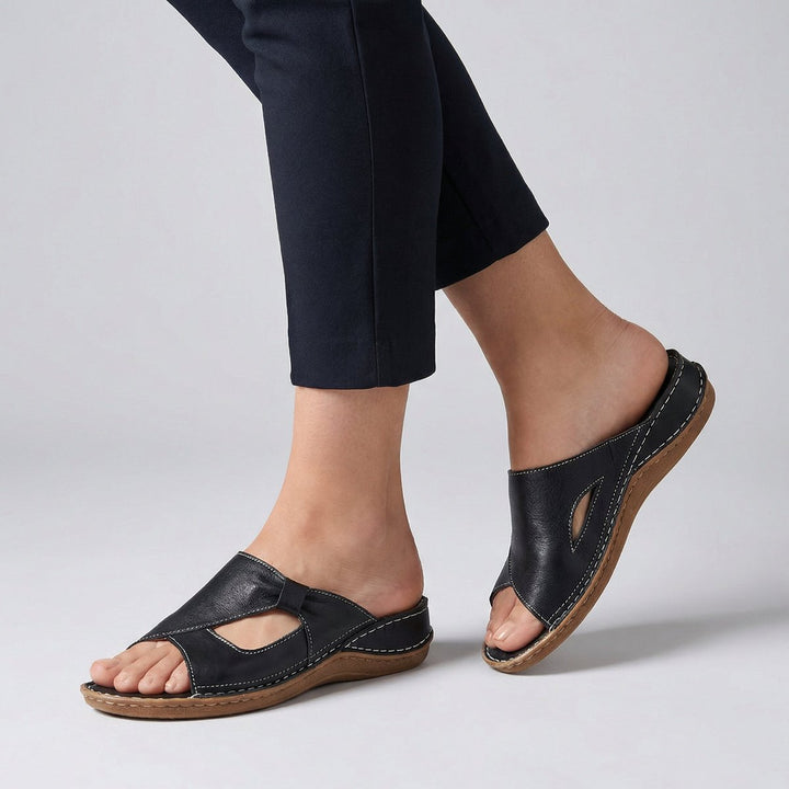 Orthopedic Slide Sandals Open-Toe Leather Comfort Women - Black