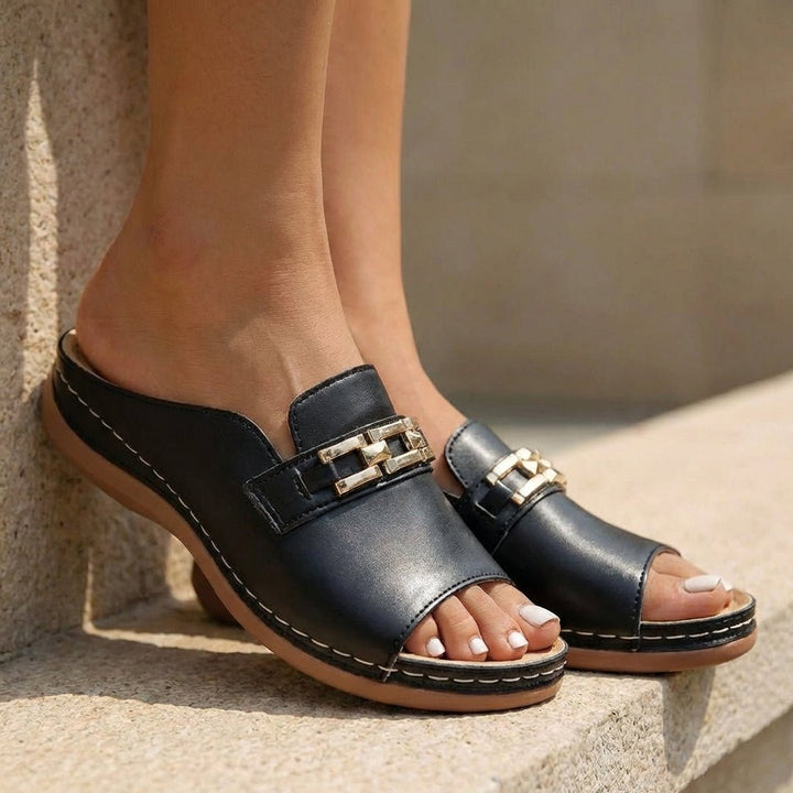 Orthopedic Slip-On Sandals Buckle Detail Comfort - Black